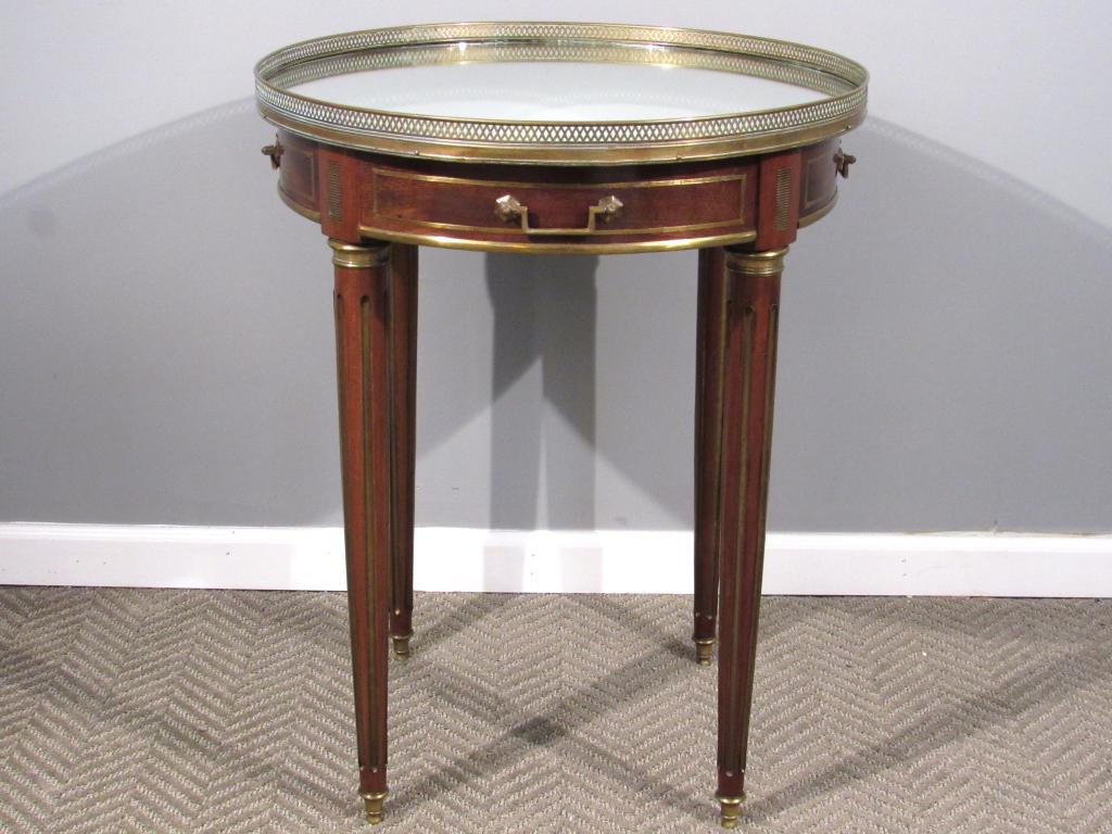 Louis XVI Style Gueridon: Galleried mirror top, faux drawers with boulle inlay and boulle inlay fluted tapered legs ending in caps . 24"dia X 30"H. (Staten Island Private Collection)