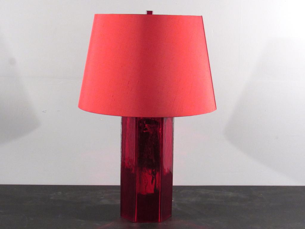 Red Glass and Brass Table Lamp: Hexagonal red glass with reverse mirrored interior base. Shade included. 7"dia X 28"H (Central Park South Residence)