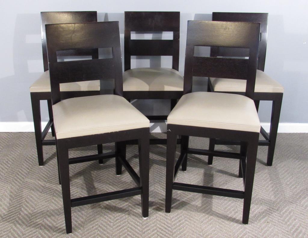 5 Christian Liaigre for Holly Hunt Counter Stools: Wear to leather upholstered seats, nicks on wood finish. 17"W X 19"D X 39"H (Central Park South Residence)