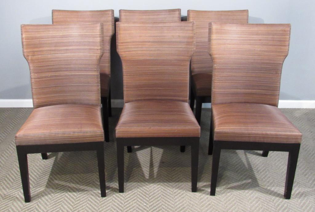 6 Christian Liaigre for Holly Hunt Dining Chairs: Set of 6 horsehair upholstered Barbuda dining chairs. Curved backs, ebonized wood frame. Wear to upholstery and nicks to frame. 21"W X 24"D X 38"H (Central Park South Residence)