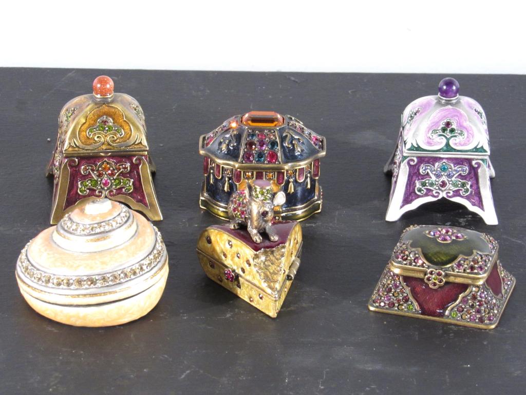 6 Jay Strongwater Pill Boxes: Enameled and jeweled. Most tops on hinges. Largest 2" X 2". (Staten Island Private Collection)