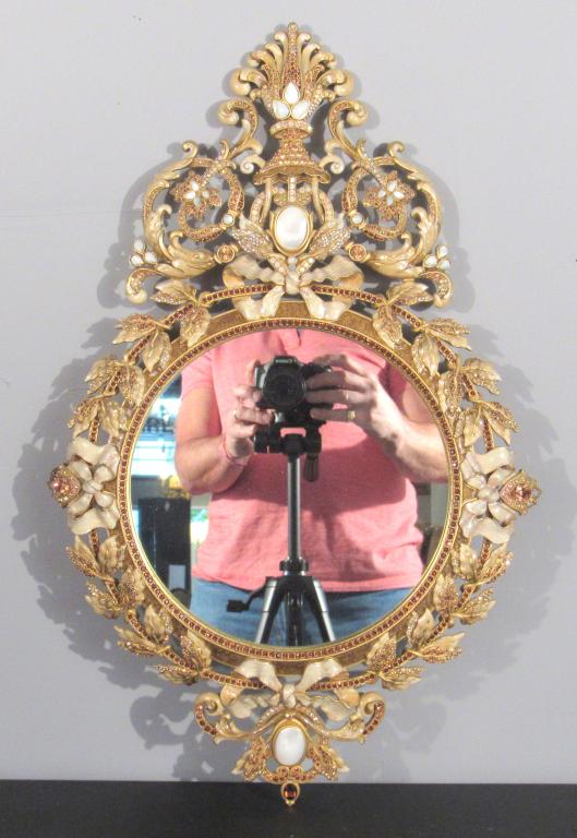 Jay Strongwater Cartouche Mirror: Enameled and jeweled with high pediment, all around decorated frame. 14"W X 23"H.(Staten Island Private Collection)