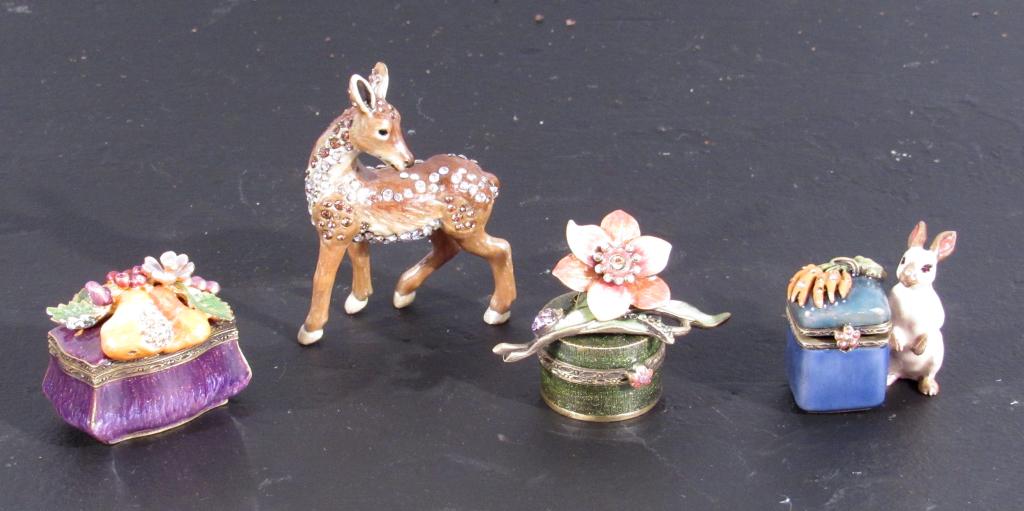 4 Jay Strongwater Articles: 3 pill boxes and a doe. Jeweled and enameled. (Staten Island Private Collection)