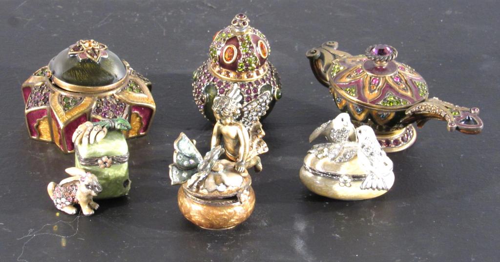 6 Jay Strongwater Pill Boxes **** (condition update): Enameled and jeweled. Lamp shaped box 4" X 1.5 " X 1.75". (Staten Island Private Collection)