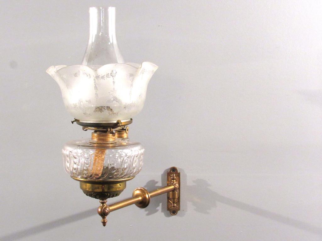 Vintage Brass and Oil Font Sconce: Frosted and clear glass on brass fixture. 8"dia X 13"d X 17"H. (Staten Island Private Collection)