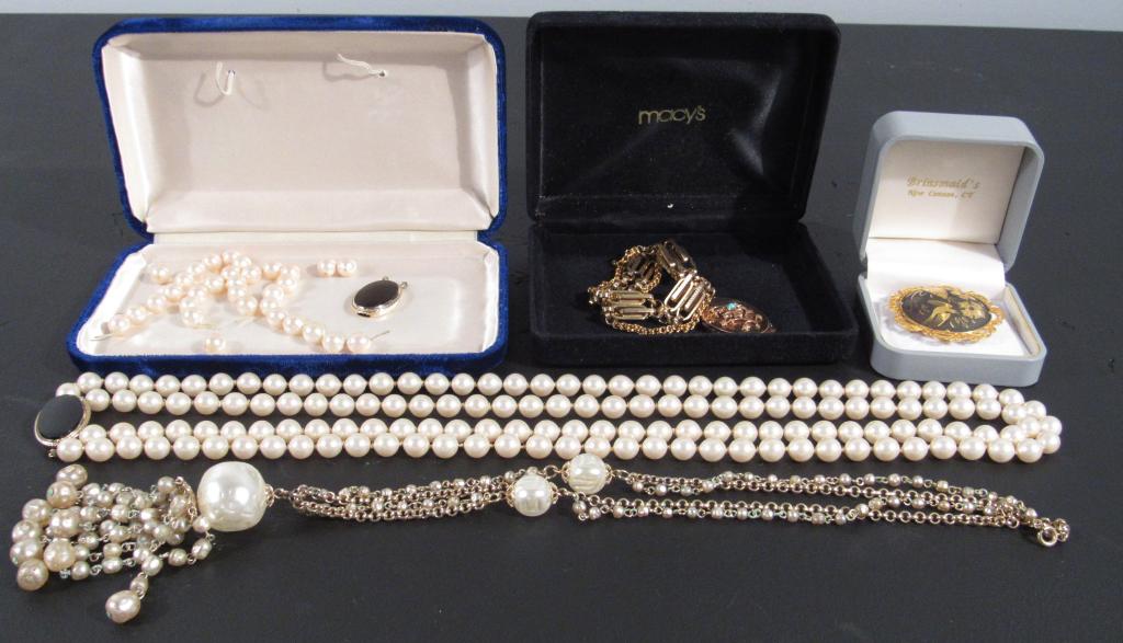 Assorted Costume Jewelry: 2 Items by Vendome (one as is), Necklace, bracelet locket (one link as is), gold tone pin.