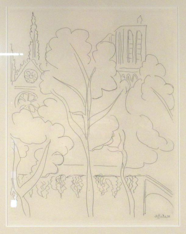 After Henri Matisse - Etching: Notre Dame Cathedral, Paris. Signed in reverse in the plate. Jane Allinson Gallery receipt. 13.25"H X 10.25"W (22"H X 18"W). (East 57 Street Estate)