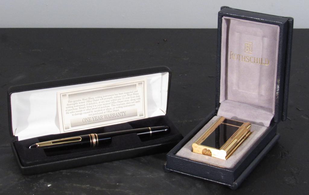 Mont Blanc Pen and Rothchild Lighter: Mont Blanc - MeisterStruck, Made in Germany, Serial number GP1064062, and gold tone Rothchild lighter. Both in cases. (East 57 Street Estate)
