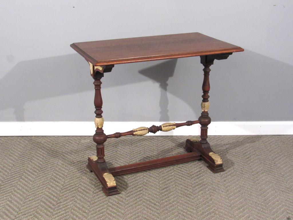 Tudor Style Mahogany Stand: Beveled top, painted and carved base. 27" X 17" X 25"H. (East 57 Street Estate)