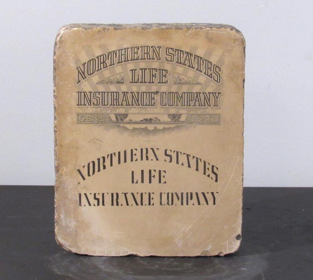 Double Sided Advertising Printing Stone: Limestone/marble advertising printing stone for Northern States Life Insurance Company and other New York, Chicago, St. Louis cos. Chip in corner. 9"W X 11"H X 3"D.