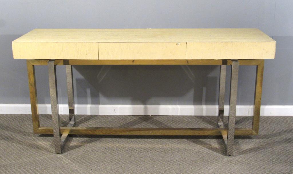 Karl Springer Style Console Table: Stringed paper wrapped with 3 drawers, brass and chrome base. Finished back. Some tears to strings. 60" X 18" X 29"