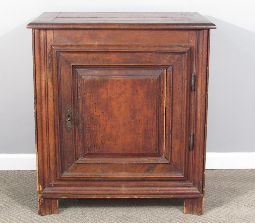 Antique Wood Cabinet: Door with lock and key, 1 inside shelf, wear and scratches to wood, 28"W X 18"D X 31"H