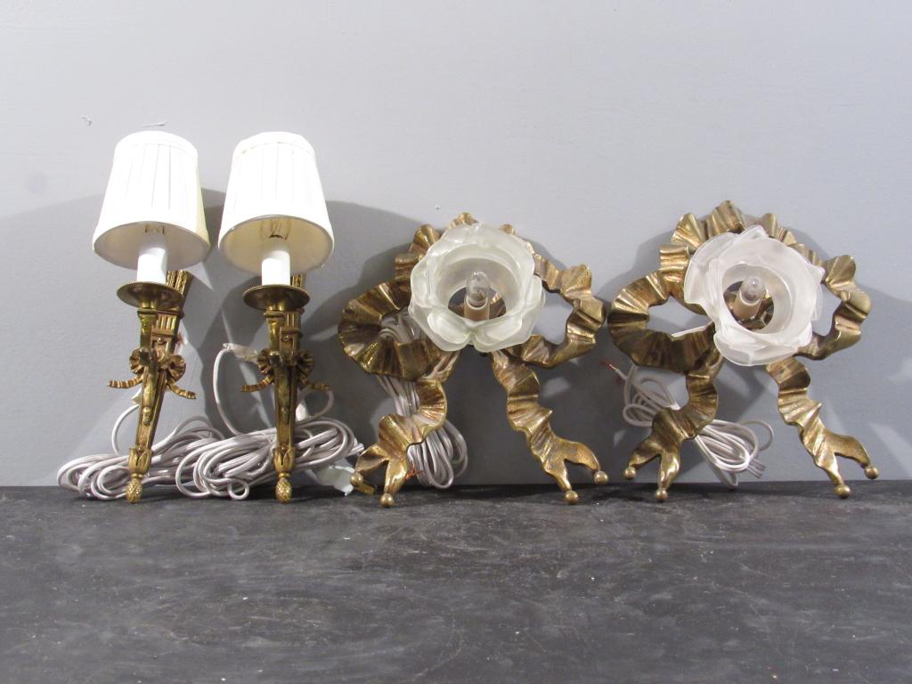 2 Pairs Bronze Sconces: 1 pair ribbon bow with frosted floral shades. 1 pair quiver and bowknot, with shades. Larger 10"H X 9.5"W X 4"D