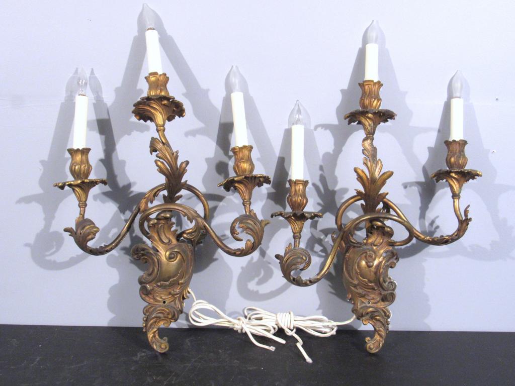 Pair Bronze Rococo Style Sconces: 3 sloping arms each, one slightly bigger. 15"W X 22"H X 8"D