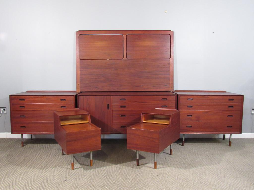 6 Piece George Tanier Bed Room Set: Designed by Tanier for Sibast Mobilier. Headboard with removable panels (60"W X 38"H) Pair night stands with slides and sliding shelves (15"W X 28"D X 23"H) Pair chests with graduating drawers (36"W X