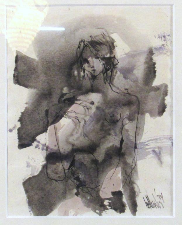 Gino Hollander (1924-2015 ) - Watercolor on Paper: Study of a female nude. Signed lower right, dated 1974. 11.5" X 9.5" (21" X 16")