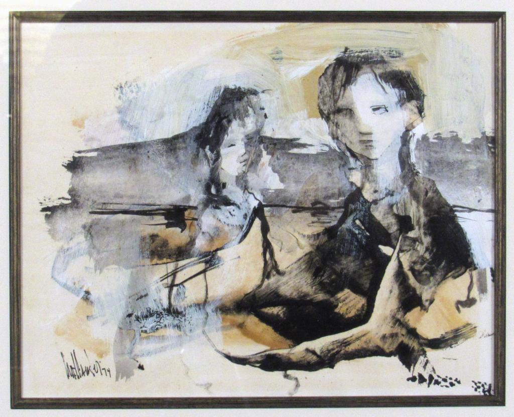 Gino Hollander (1924-2015) - Mixed Media on Paper: 2 figures in landscape. Signed lower left, dated 1974. 9.5" X 12" (16" X 19")