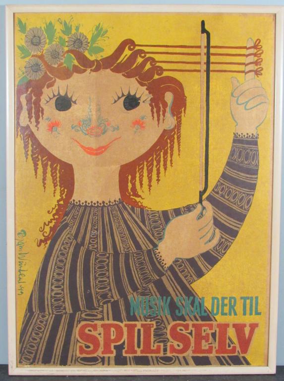 Bjorn Wiinblaad Litho Poster: "Musik Skal Der Til, Spil Selv". Woman playing the strings (her hair). 33" X 24" (35" X 25.5")