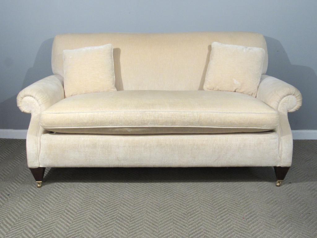 George Smith Style Roll Arm Sofa: Chenille Upholstered with one spot. Straight tapered front legs on castors. 73"W X 41"D X 36"H