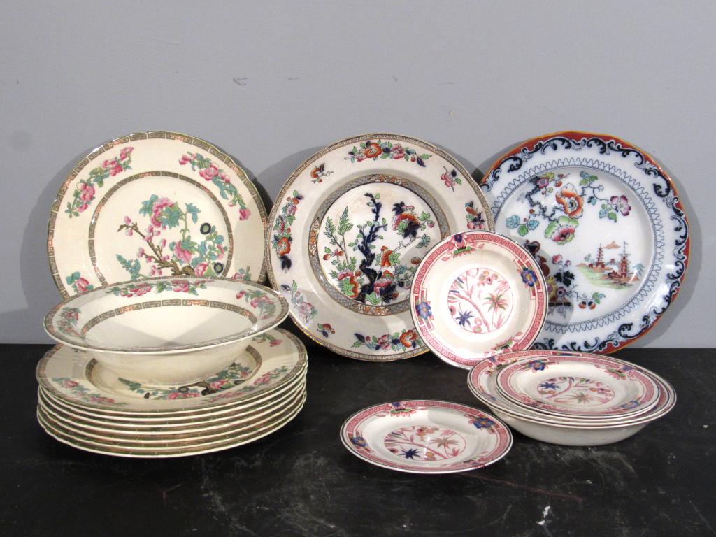 Assorted English Transferware: Indian tree pattern, etc. Staffordshire, Ironstone, Woods Ware, etc. 9 plates, 2 soup bowls, 2 bowls, 3 dishes. Chips and cracks.
