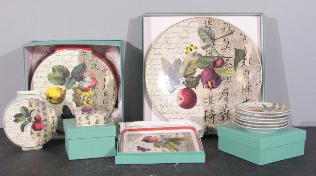 Group of Bernardaud for Limoges Porcelain: Large and small vase, box, plate, charger (14"dia), 6 plates (5.5"dia). "Poesie" pattern. All with boxes except small vase.