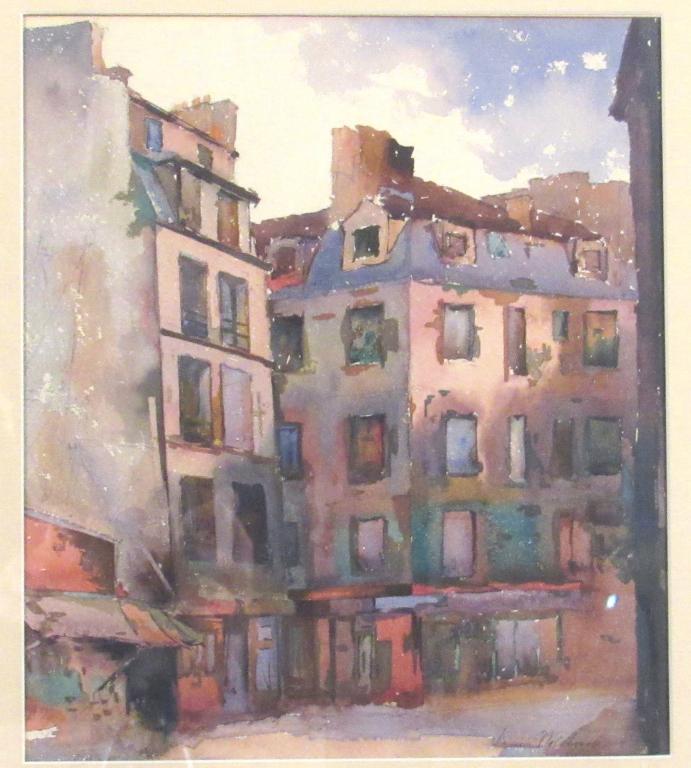 Louis Wolchonok (American, 1898-1973) - Watercolor: Watercolor on paper of city scene, apartments and market. Signed and dated lower right. Matted and framed under glass. Estate stamp on verso. 12.5" X 11" (19" X 17")