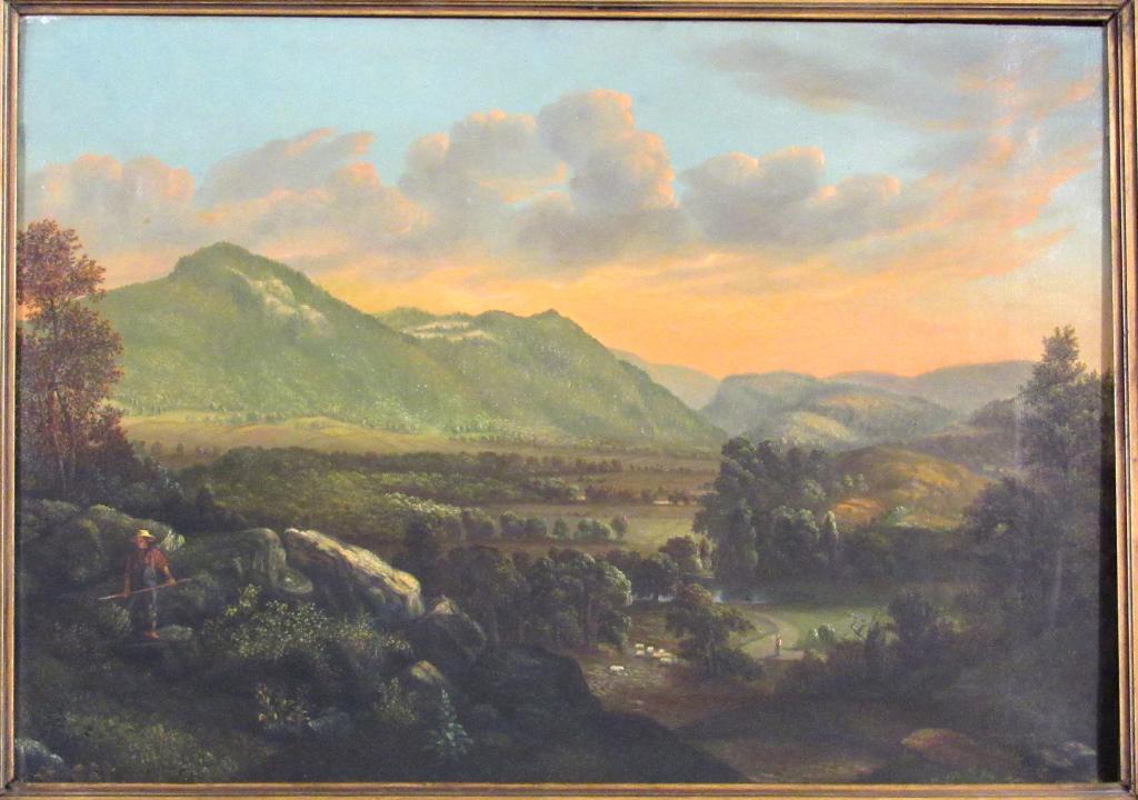 David Johnson (American,1827-1908) -Oil on Canvas: Landscape of mountains, sheep figure with walking stick on path. Signed lower left. 13.5" X 19" (18.5" X 24.5")