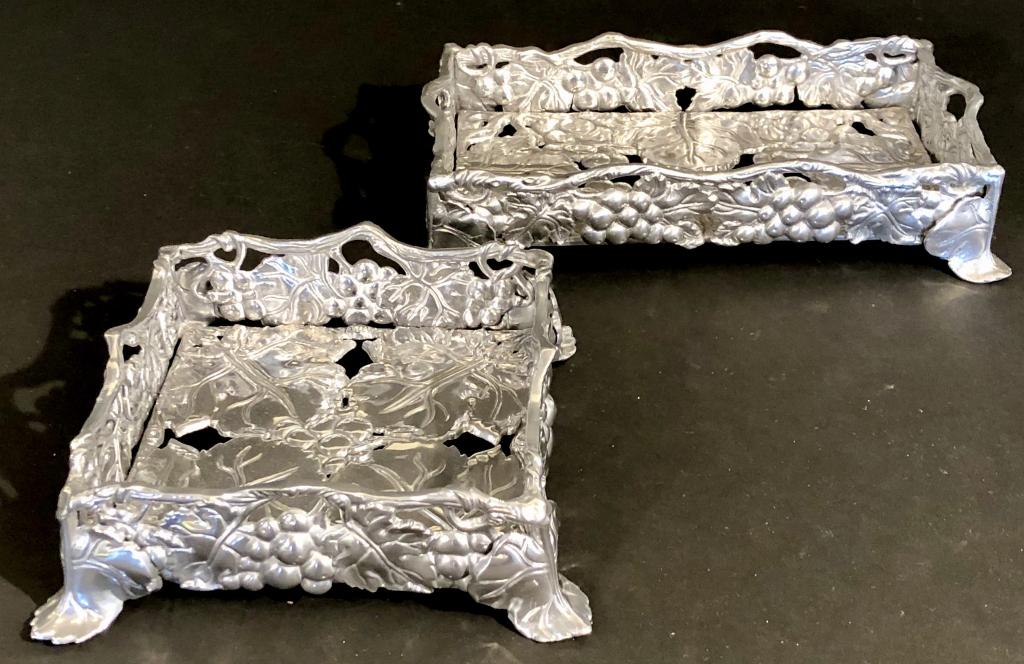 Arthur Court Square and Rectangular Small Trays: Grape Aluminum Design Trays. Square tray measures 6"W X 6"D X 2"H, Rectangle tray measures 9.5"W X 5"D X 3"H. All stamped.