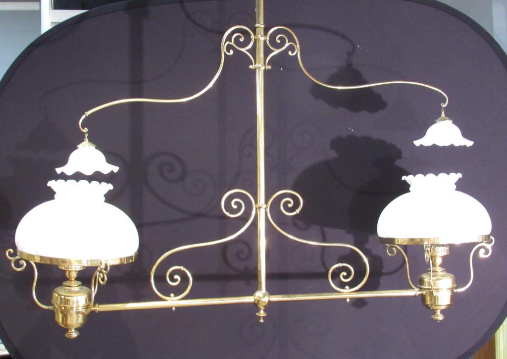 Large Vintage Brass Billiards Fixture: Pool hall or billiards fixture with brass tubing, electrified oil fonts and milk glass and hurricane shade inserts (Hurricanes photographed separately). As is (break in tubing near top left hang) and 