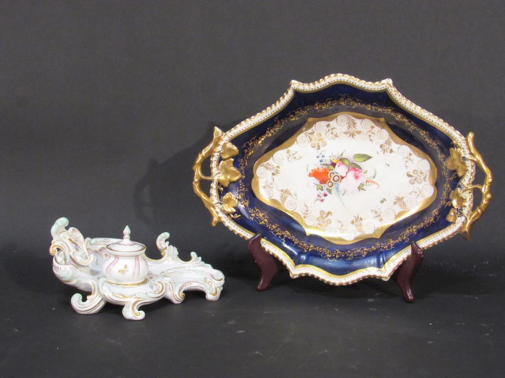 Two Continental Porcelain Articles: Meissen rococo ink stand and English porcelain dish, repaired (13" X 9")