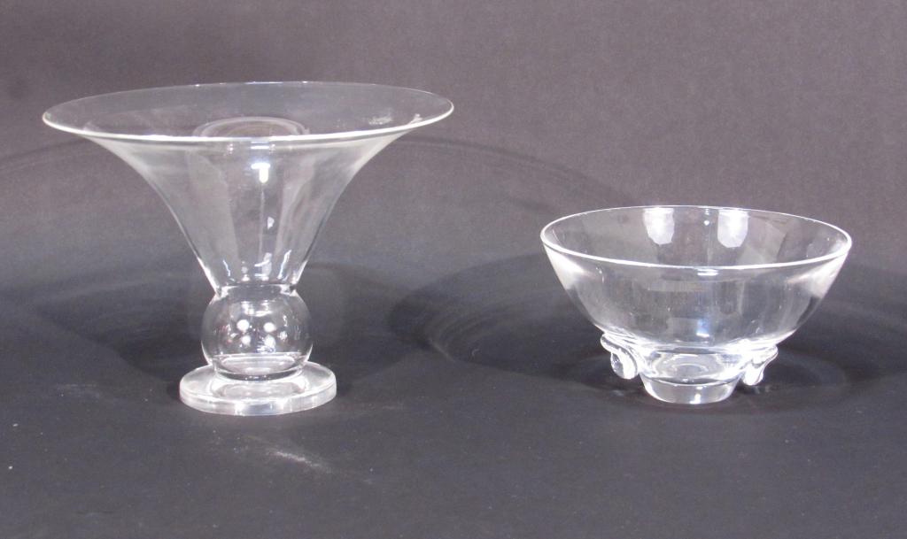 2 Steuben Glass Bowls: Compote (9"dia X 6.5"h) and low bowl.