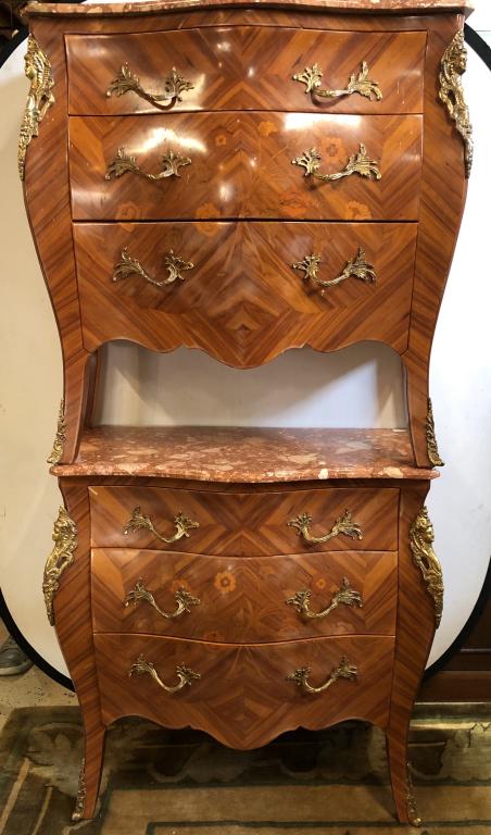 Pair of Louis XV Style Commodes: Two marble top commodes. 38"W X 16.5"D X 36"H.