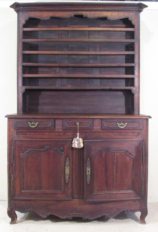 Antique Country French Hutch Buffet: Upper Gallery shelves with galleries and upper crown molding, above a 3 drawer, 2 door base. Nicely carved with decorative studding all around. 2 parts. 57" X 24" X 90"