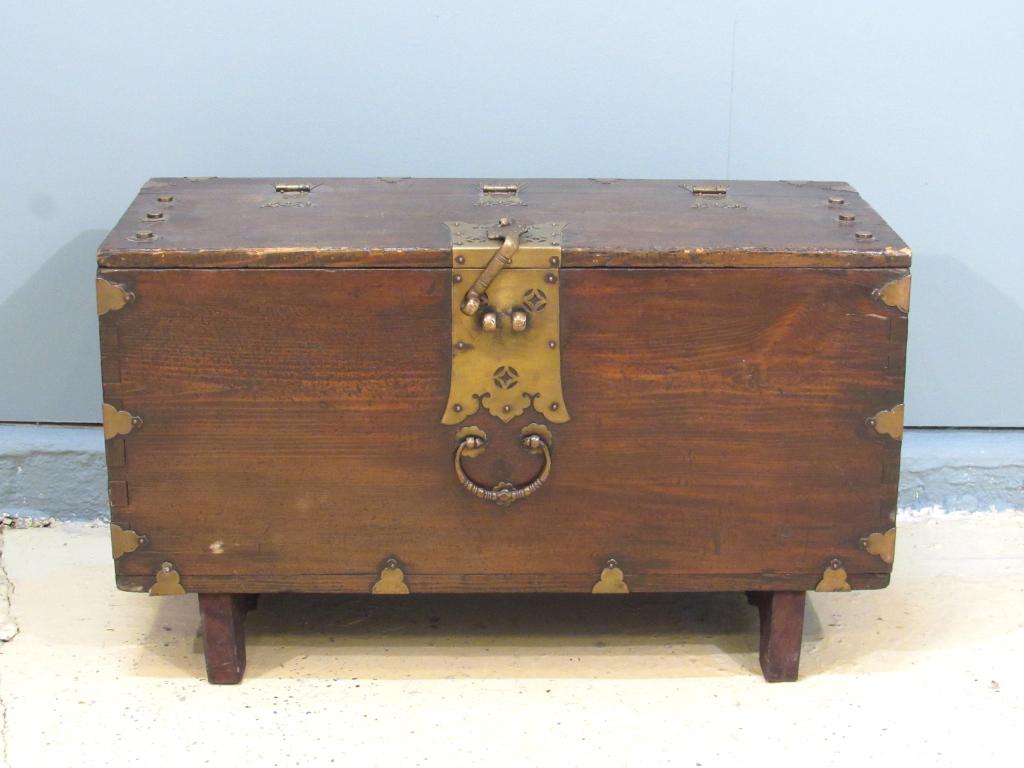 Chinese Oak and Metal Campaign Chest: Oak lift top chest with mixed metal mounts, heavy brass lift lock bent, side handles. 35" X 17" X 20"