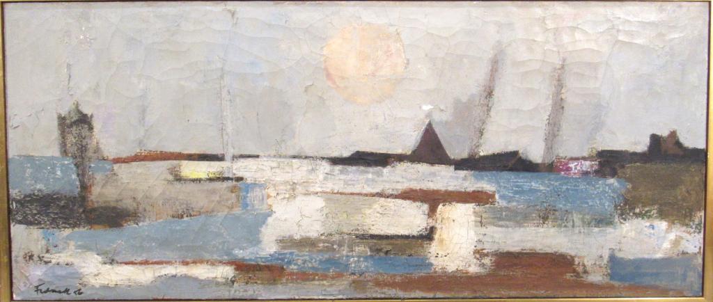 Frederick Franck (Dutch) - Oil on Canvas: "Pale Winter Moon" Shoreline study. Chips to paint. Signed lower left. 17" X 40" (18" X 41")