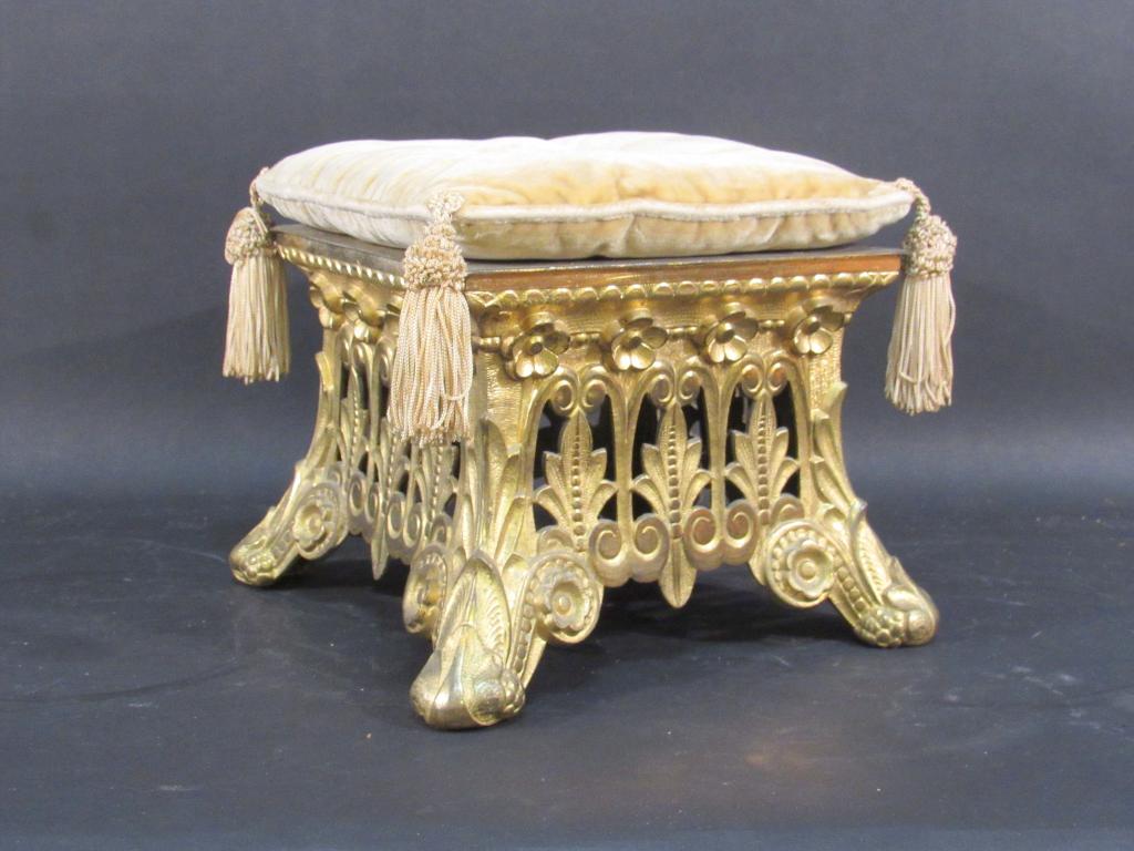 Gothic Style Bronze Small Stool: Openwork design with scrolling feet, pad tasseled cushion. 10.5" sq X 7" (plus cushion) (From 145 Central Park West Estate)