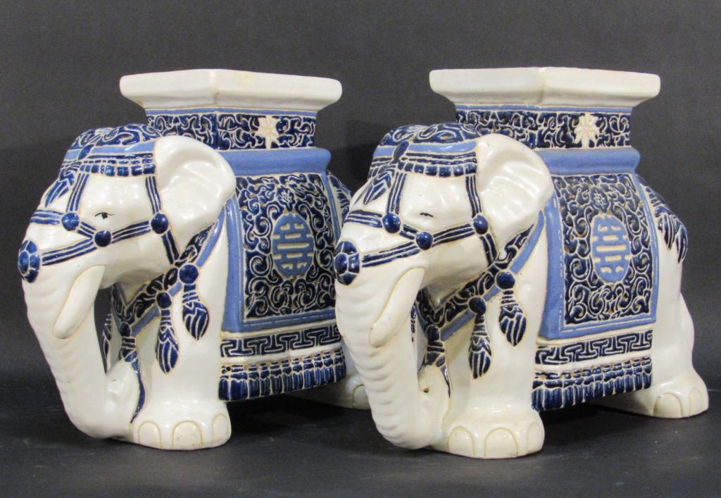 Pair of Small Glazed Porcelain Garden Seats: Elephant Form, Flat Tops, Blue and White. 17" X 7" X 14" high.