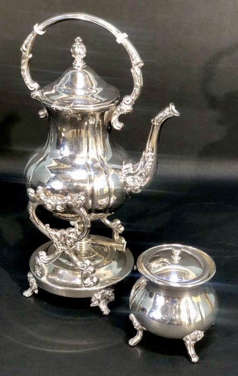 Two Silver Plated Pieces by Towle: Tea kettle on Stand; and Creamer, In good condition. Tea kettle 15" X 9" X 7"