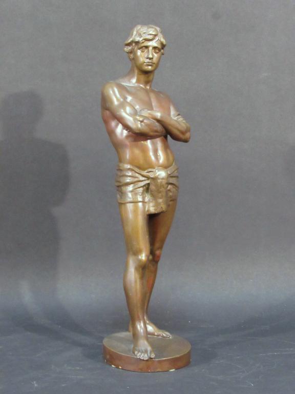 Unsigned Bronze - Classical Semi-Nude Male: Semi Nude Man with arms folded and wearing loincloth. Foundry stamp Aug. E. Jensen. 15"h (From 145 Central Park West Estate)