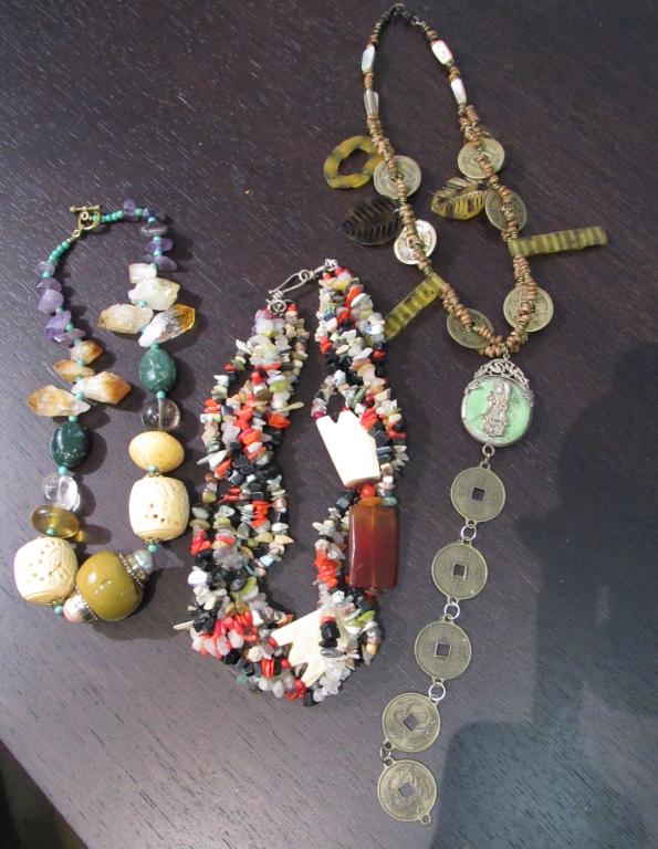 GORJAYOUS Original - 3 Costume Jewelry Necklaces: Amethyst, citrines, turquoise, pearls, amber, rock crystal, jasper, bone, resin - Treasures Coral, Onyx, quartz, bone, carnelian - Quan Yin medallion, heishi mother of pearl, vintage coins and finding