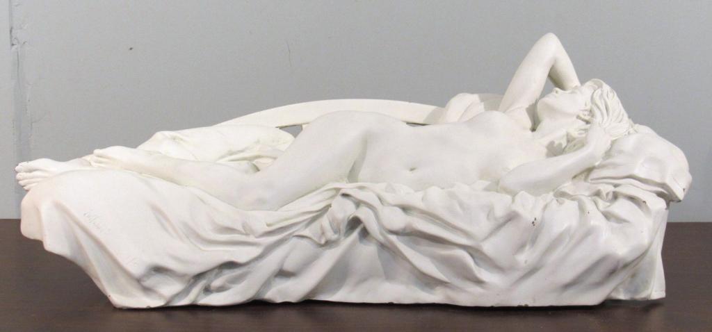 Bill Mack (American b. 1949) - Painted Bronze: "Tranquility". Reclining nude woman on pillow, blanket and chaise lounge. Painted white on cast bonded bronze. Signed, dated 1999, and numbered IC. With certificate from Galleria de Sorrento. 25.5" X