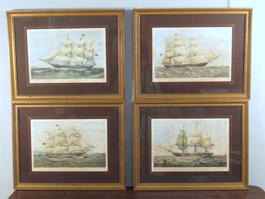 Set of 4 Colorful Marine Pictures: Clipper ships, 3 masted schooners. "West Australian" "High Flyer", "Anglesey", and "Windsor Castle". 10" X 15" (17" X 22") Nicely framed and matted. (A North Salem, NY Estate)
