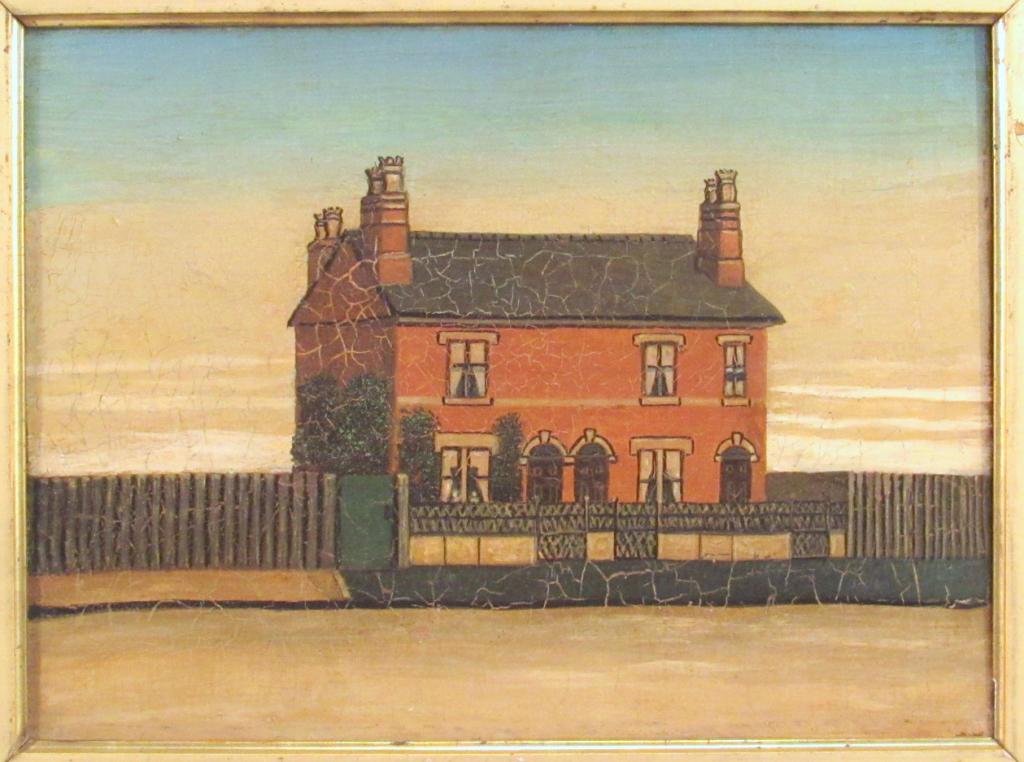 American Primitive School - Antique Oil on Canvas: Study of a House behind a fence. Some craquelure. Name noted on verso. 11.5" X 15.5" (18" X 22") (A Tarrytown NY Estate)