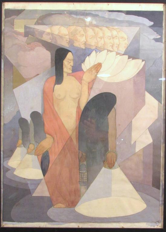 Signed Illegibly (Dane Chanase ?) - Mixed Media: Art deco study of figures and structures. Signed lower left, titled "Consciousness". Holes in paper on top and bottom. 28" X 21" (33" X 24") (A Tarrytown NY Estate)