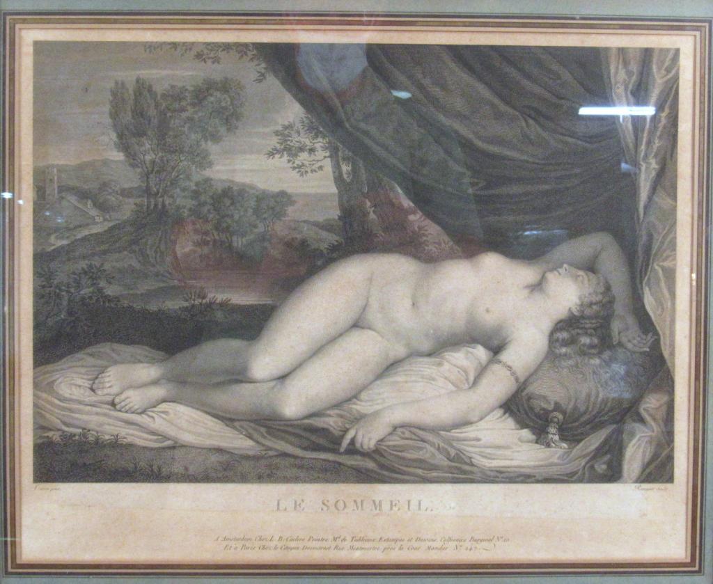 Vintage French Print of "Le Sommeil": Reclining nude female. After Romanet. 15" X 18" (20" X 24") (A Tarrytown NY Estate)