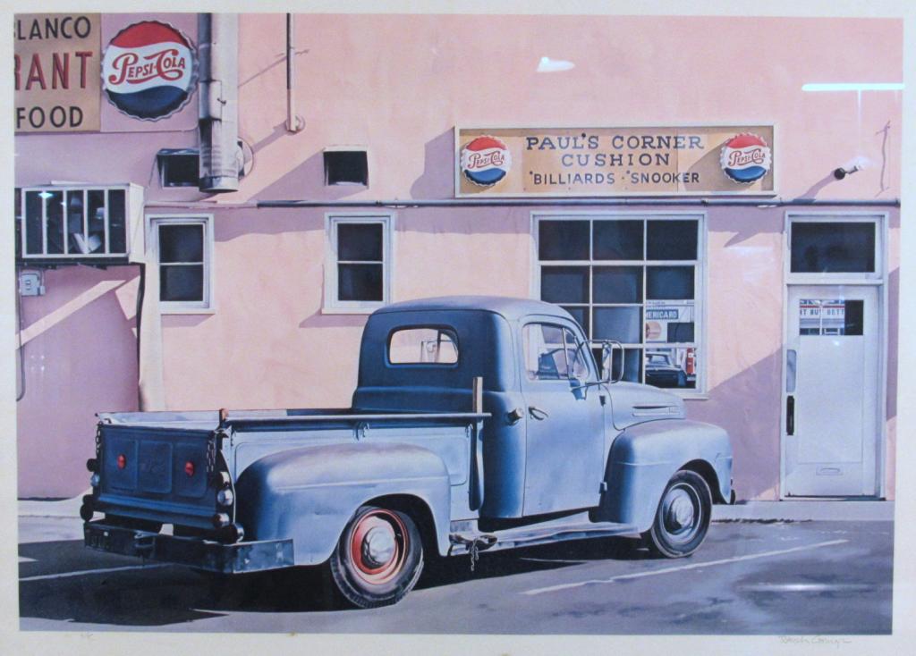 Ralph Goings (1928 - 2016) - Lithograph: Lithograph. "Paul's Corner Cushion" storefront with pickup truck. Signed lower right, noted "HC". Chip on glass, tear on paper lower middle. 18" X 26" (22" X 29") (A Tarrytown NY Estate)