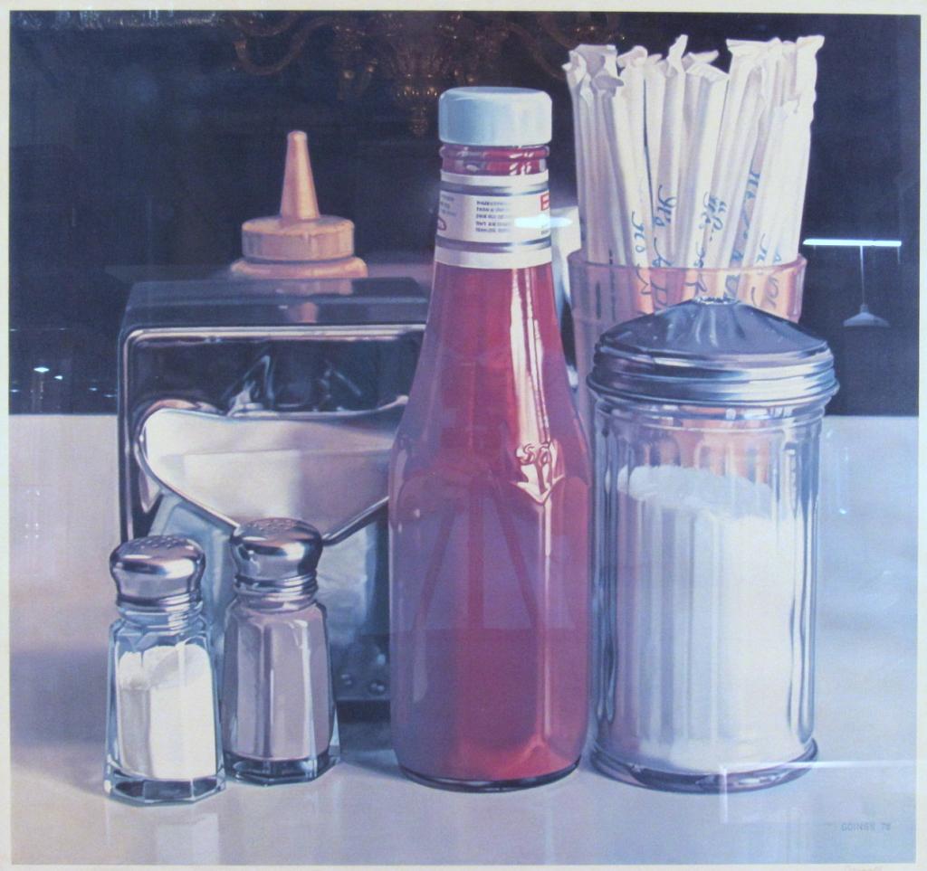 Ralph Goings (1928 - 2016) - Lithograph: Lithograph. Diner still life with straws. Signed in plate and in pencil, dated '78, Not numbered (research on this litho, all not numbered). Chips to glass. 28" X 29.5" (30" X 32") (A Tarrytown NY Est