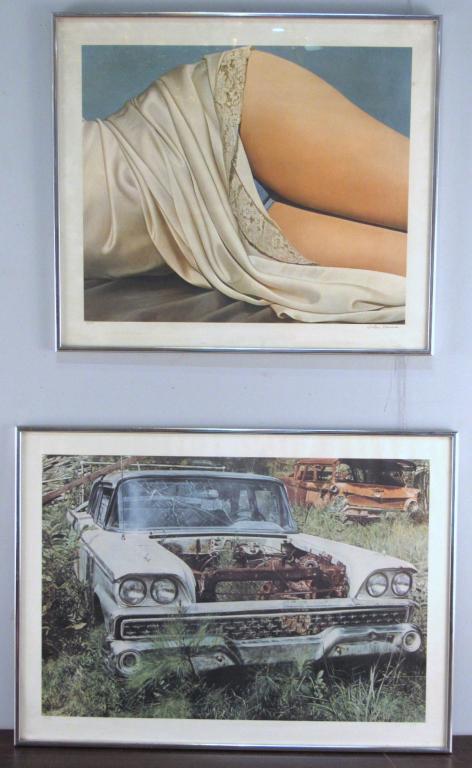 John Kacere / John Salt - 2 Lithographs: John Kacere - woman in lingere 16" X 19" (20" X 23) - Signed and numbered 10/100. John Salt - Abandoned car ("Ford" ?) 16" X 23.5" (20" X 27") Signed and numbered 10/100 (Part a portfolio) (A Tarrytow
