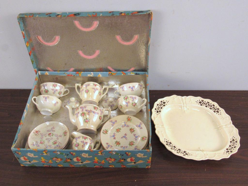 Childs Tea set and Leeds Creamware Pottery: Vintage Childs tea set, in case; Antique Leeds Pottery Creamware reticulated dish (10" X 9")