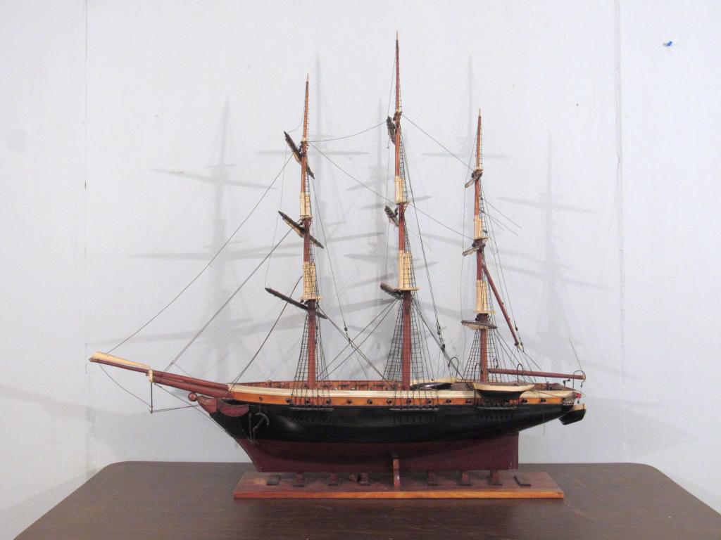 Ship Model of a 3 Masted Gun Ship: One row of cannons, strung, and with nets, as is. 39" X 16" X 36"h (A North Salem, NY Estate)